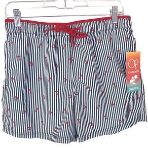 OP Men’s Swim Trunks NWT Navy/White Vertical Striped w/Red Anchors Elastic Waist